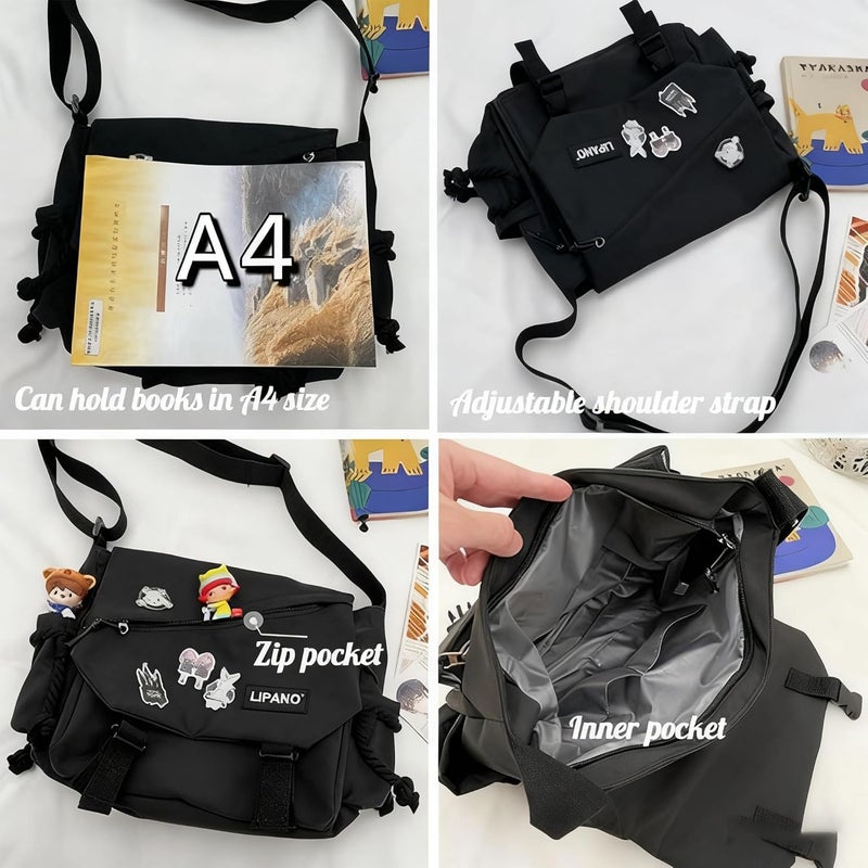 INSHERE Aesthetic Crossbody Bag with Cute Pins and Ornament, Nylon Shoulder Messenger Bag Japanese Kawaii Bag for Women Men - Image 5